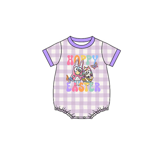 Short sleeves purple plaid dog bunny baby Easter romper