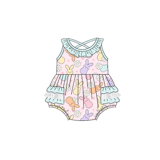 Sleeveless floral bunny baby girls ruffle Easter romper