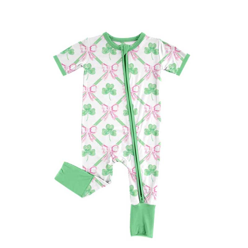 Shamrock pink bow baby girls St Patrick's zipper romper