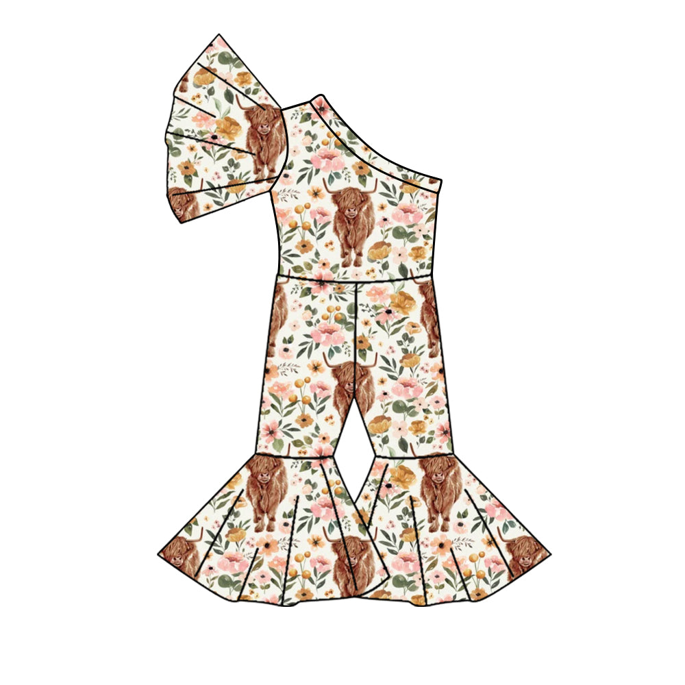 One shoulder floral highland cow baby girls jumpsuit