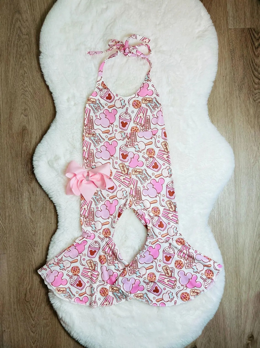 Pink mouse snacks cookie baby girls halter jumpsuit