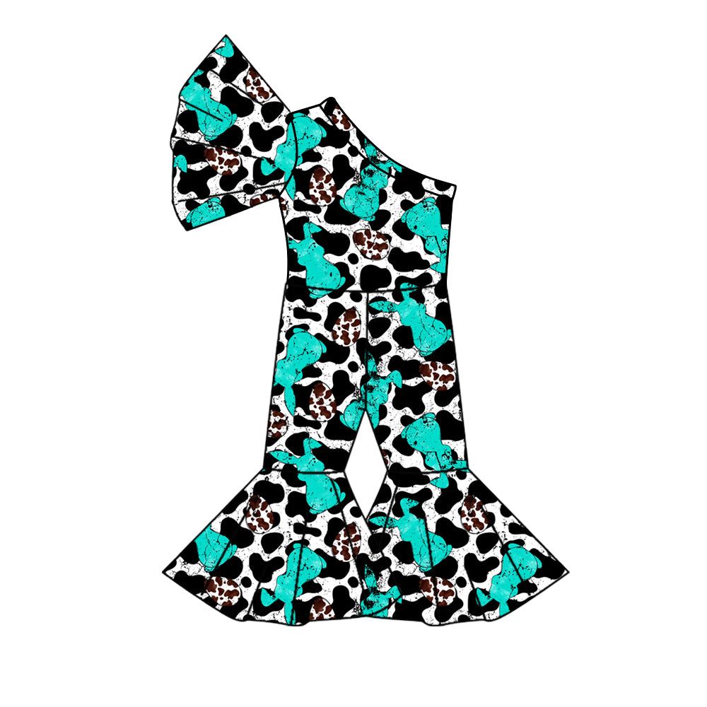 One shoulder turquoise bunny cow eggs girls Easter jumpsuit