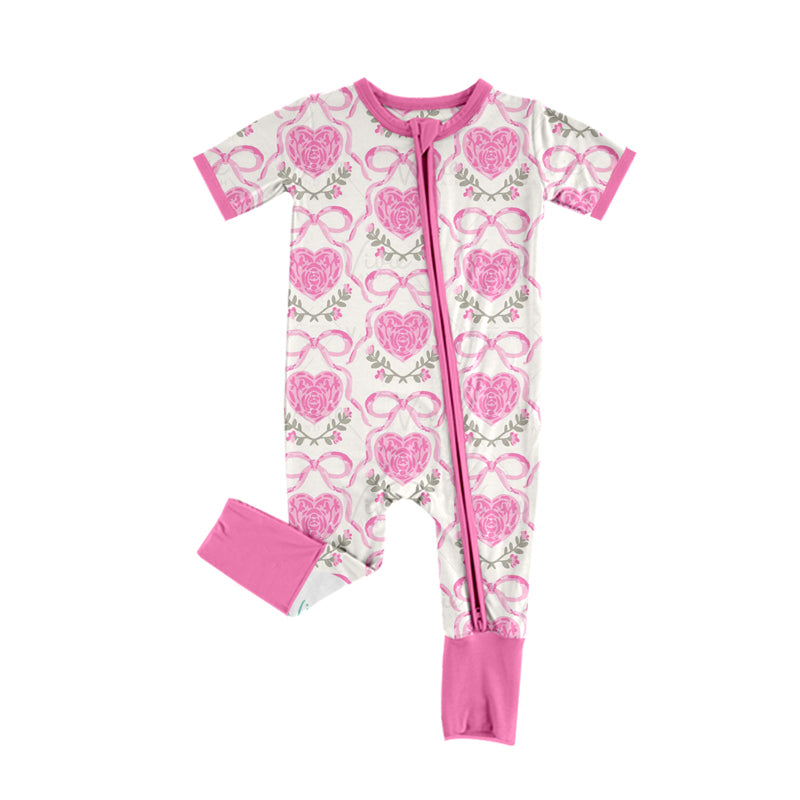 Pink short sleeves heart bow baby girls valentine's romper