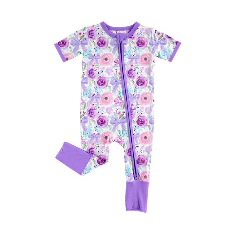 Lavender short sleeves floral bow baby girls zipper romper