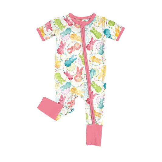 Short sleeves colorful bunny baby girls Easter romper