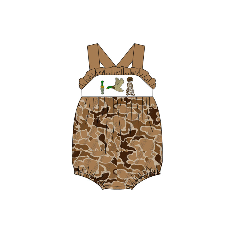 Straps duck call camo dog ruffle baby girls romper