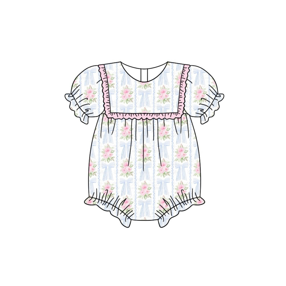 Short sleeves light blue bow floral baby girls romper