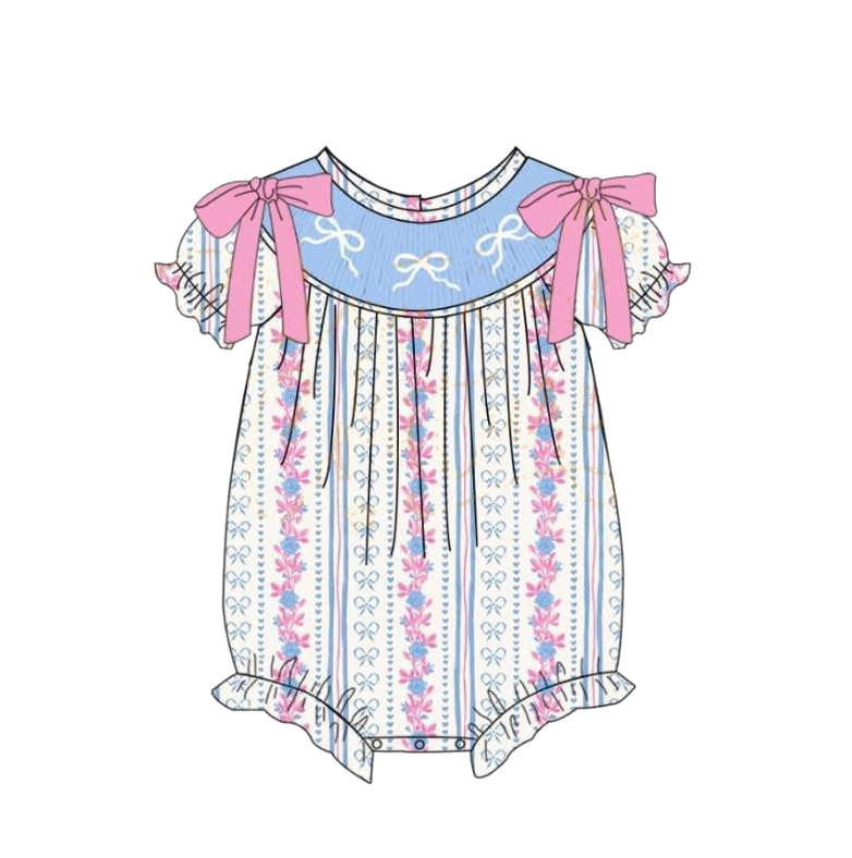 Short sleeves stripe light blue bow floral baby girls romper