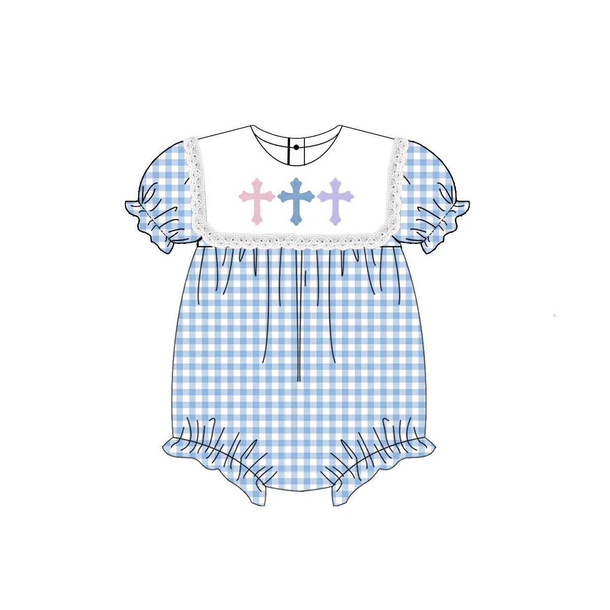 Light blue plaid short sleeves cross baby girls Easter romper