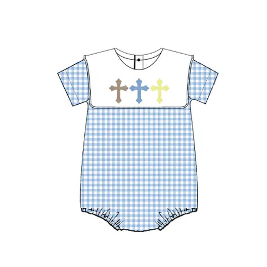 Light blue plaid short sleeves cross baby boys Easter romper