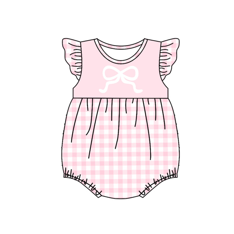 Pink flutter sleeves plaid bow baby girls romper