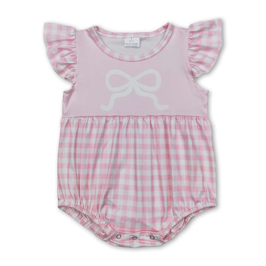 Pink flutter sleeves plaid bow baby girls romper