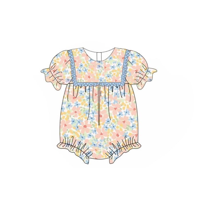 Short sleeves light blue ruffle floral baby girls romper