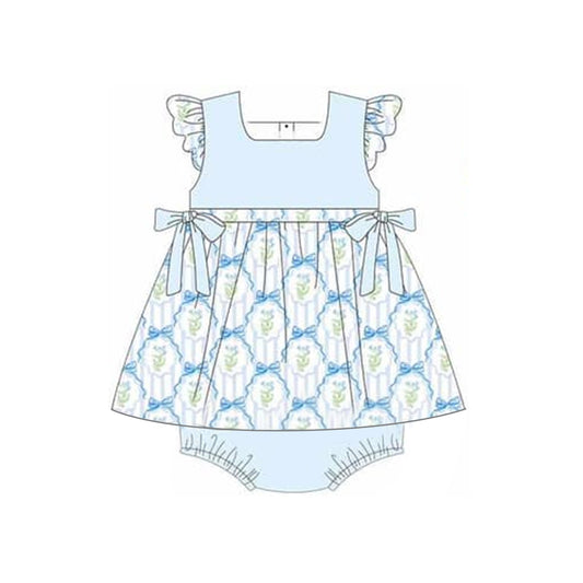 Flutter sleeves light blue stripe floral baby girls romper