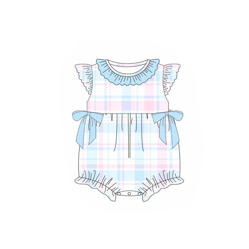 Pink light blue plaid flutter sleeves baby girls romper