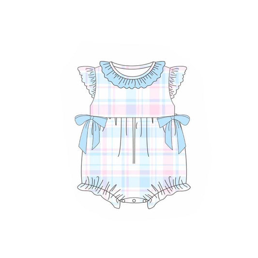 Pink light blue plaid flutter sleeves baby girls romper