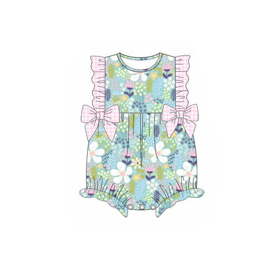 Pink plaid bow floral baby girls spring summer romper