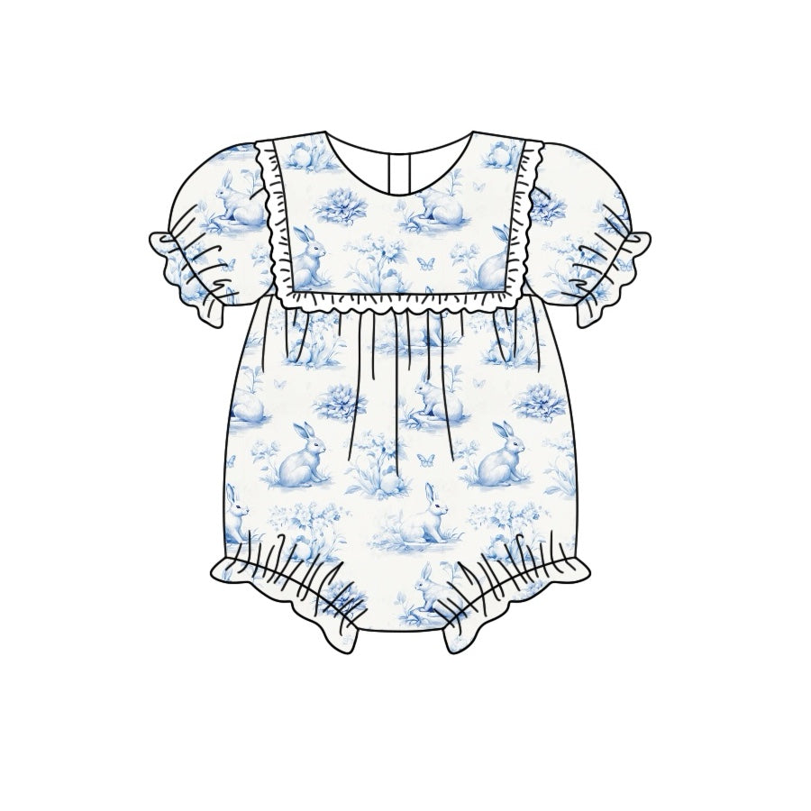 Light blue bow short sleeves bunny baby girls romper