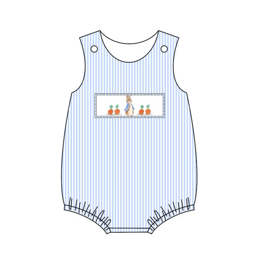 Light blue stripe carrot bunny baby boys Easter romper