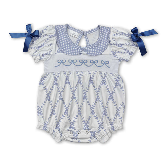 Short sleeves light blue bow floral baby girls summer romper