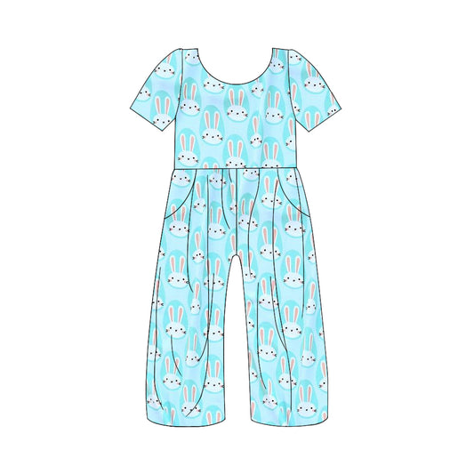 Light blue short sleeves bunny baby girls Easter jumpsuit