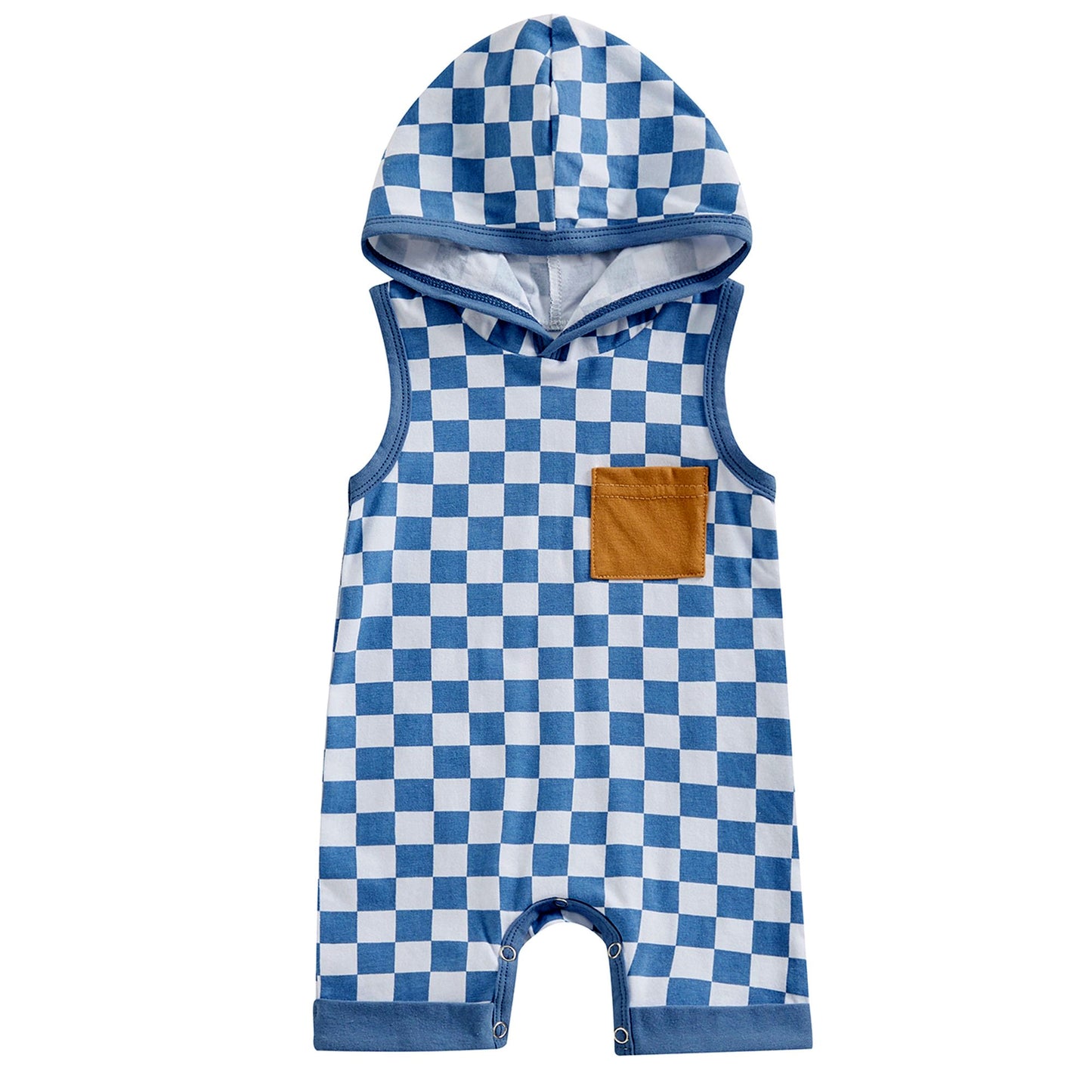 Blue plaid sleeveless hooded baby boy romper