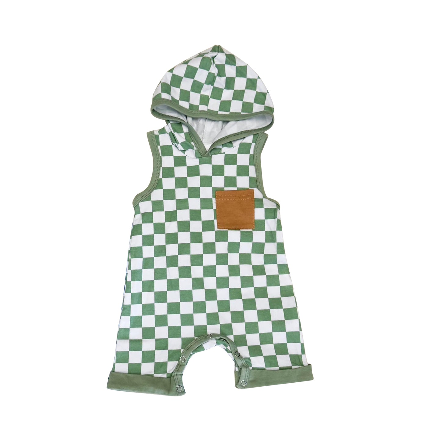 Plaid sleeveless hooded baby boy romper