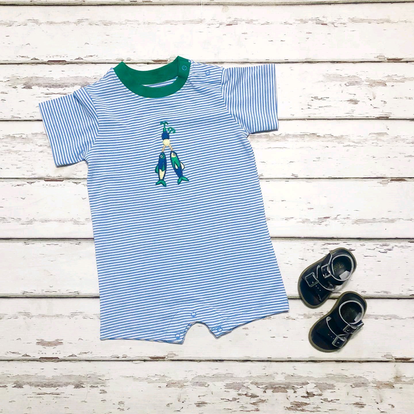 Light blue stripe short sleeves fish baby boy romper