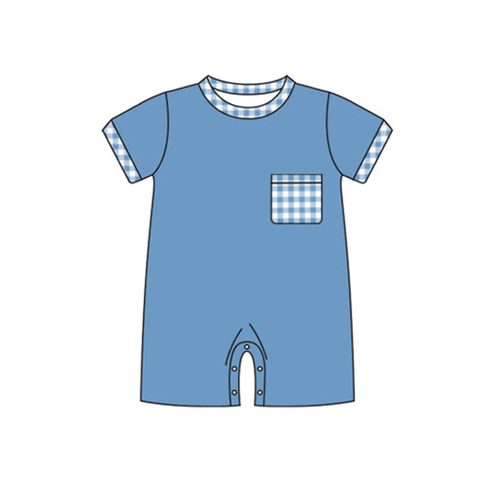 Blue plaid pocket short sleeves baby boy romper