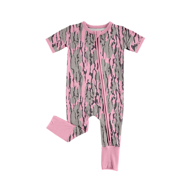 Short sleeves pink bottomland camo baby girls zipper romper