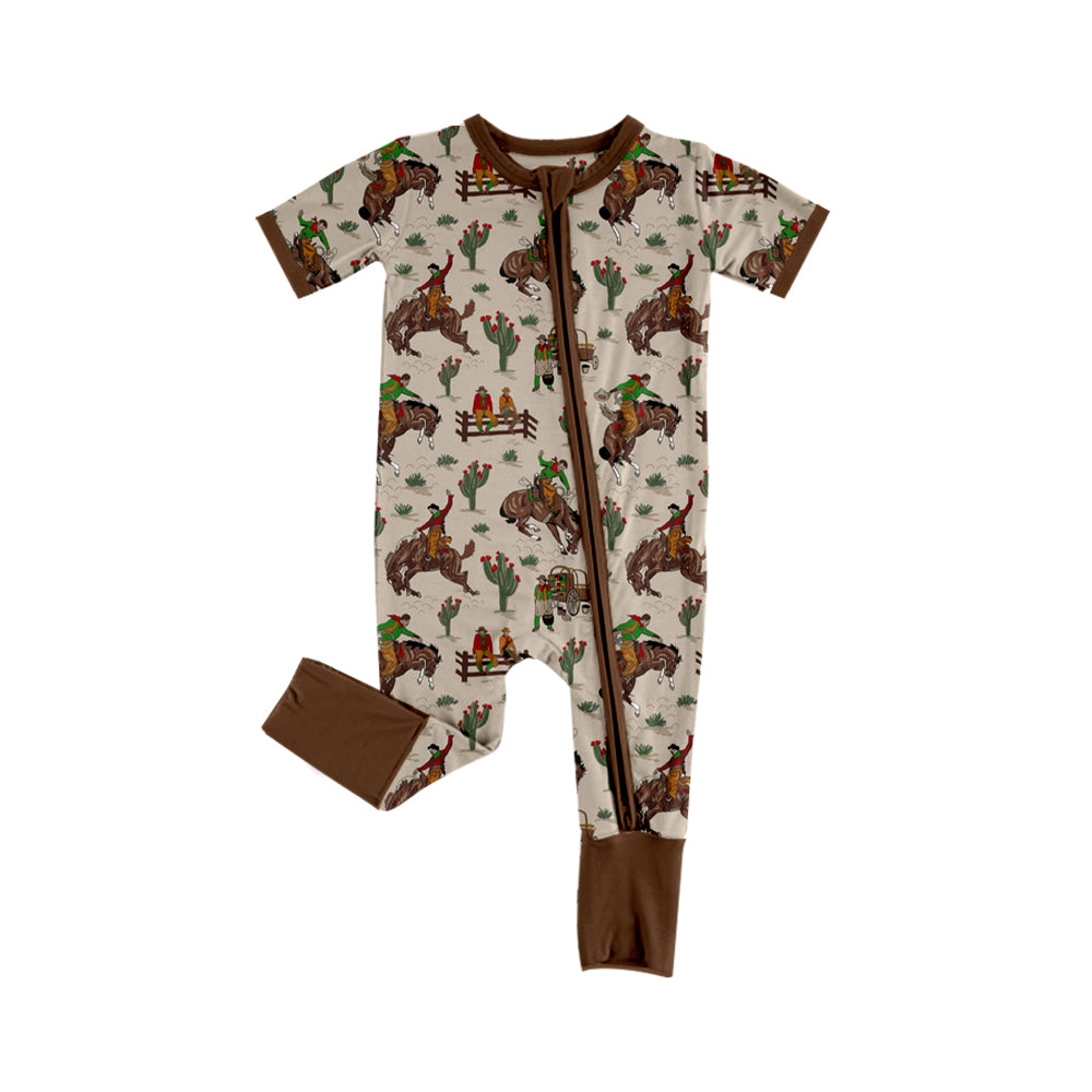 Short sleeves cactus horse rodeo western baby zipper romper