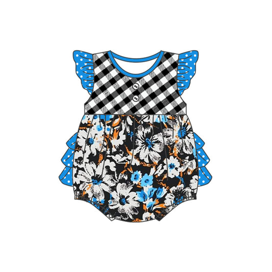 Blue polka dots flutter sleeves floral baby girls romper