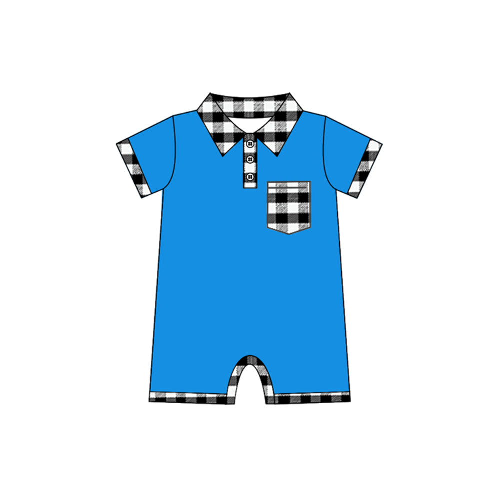 Short sleeves black plaid pocket baby boy polo romper