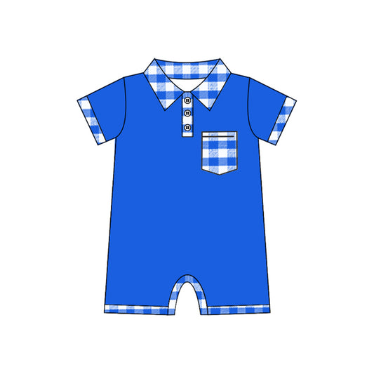 Short sleeves blue plaid pocket baby boy polo romper