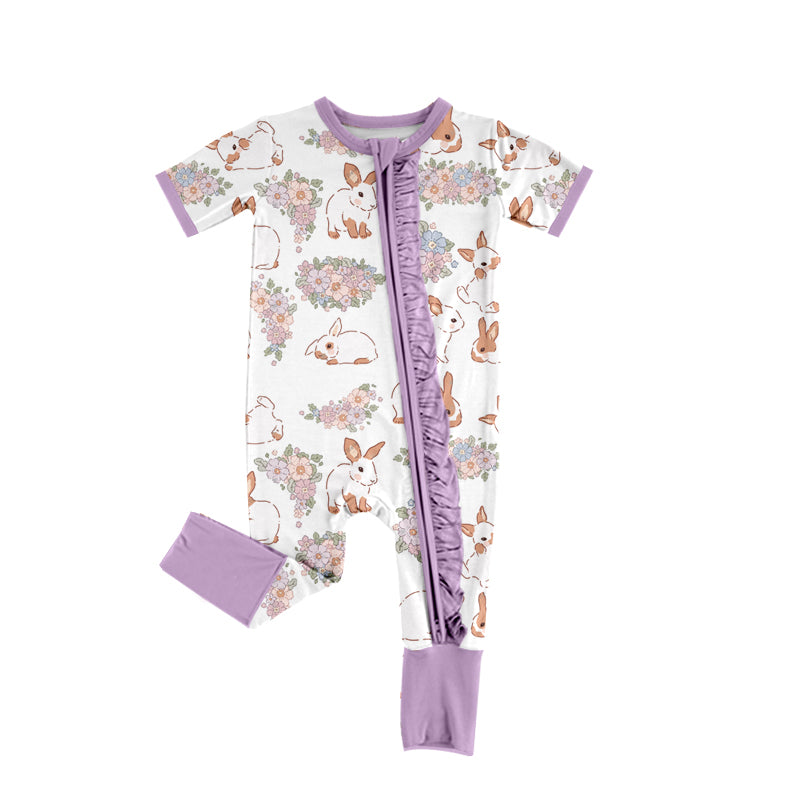 Short sleeves lavender floral bunny baby girls Easter romper