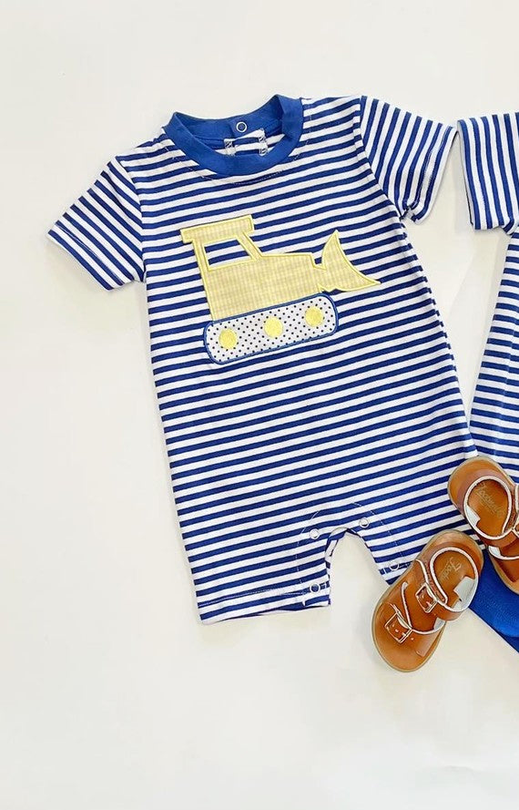 Blue stripe short sleeves constructions baby boy romper