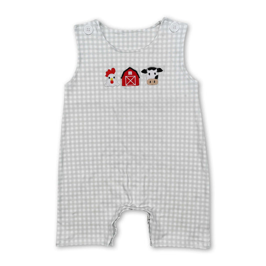 Plaid sleeveless chicken cow farm baby boy romper