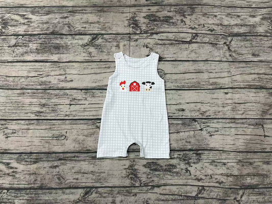 Plaid sleeveless chicken cow farm baby boy romper