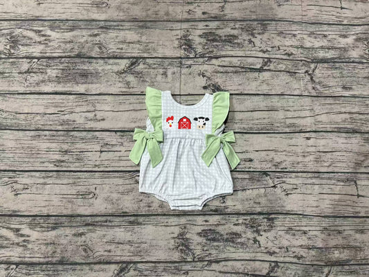 Plaid chicken cow farm baby girls romper