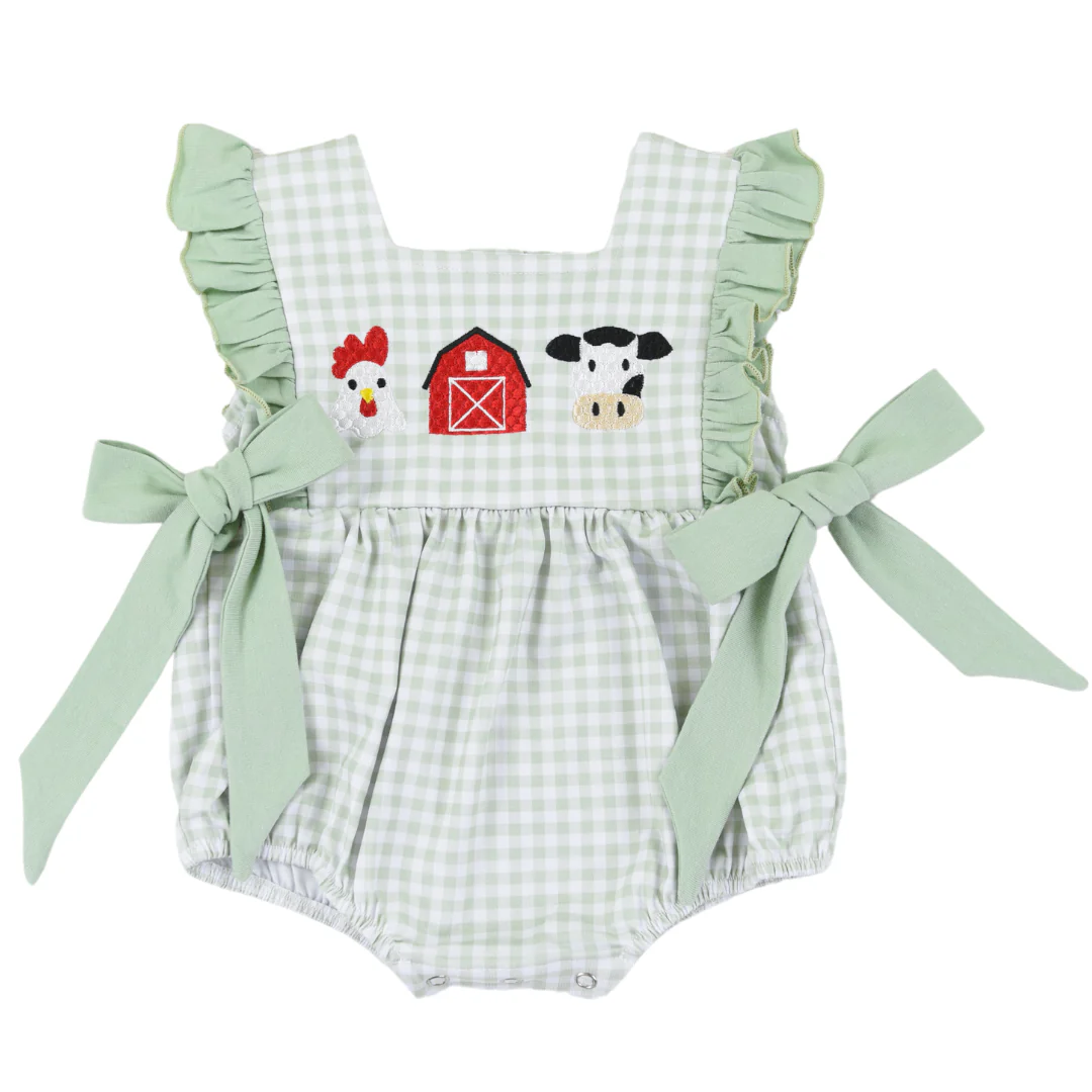 Plaid chicken cow farm baby girls romper