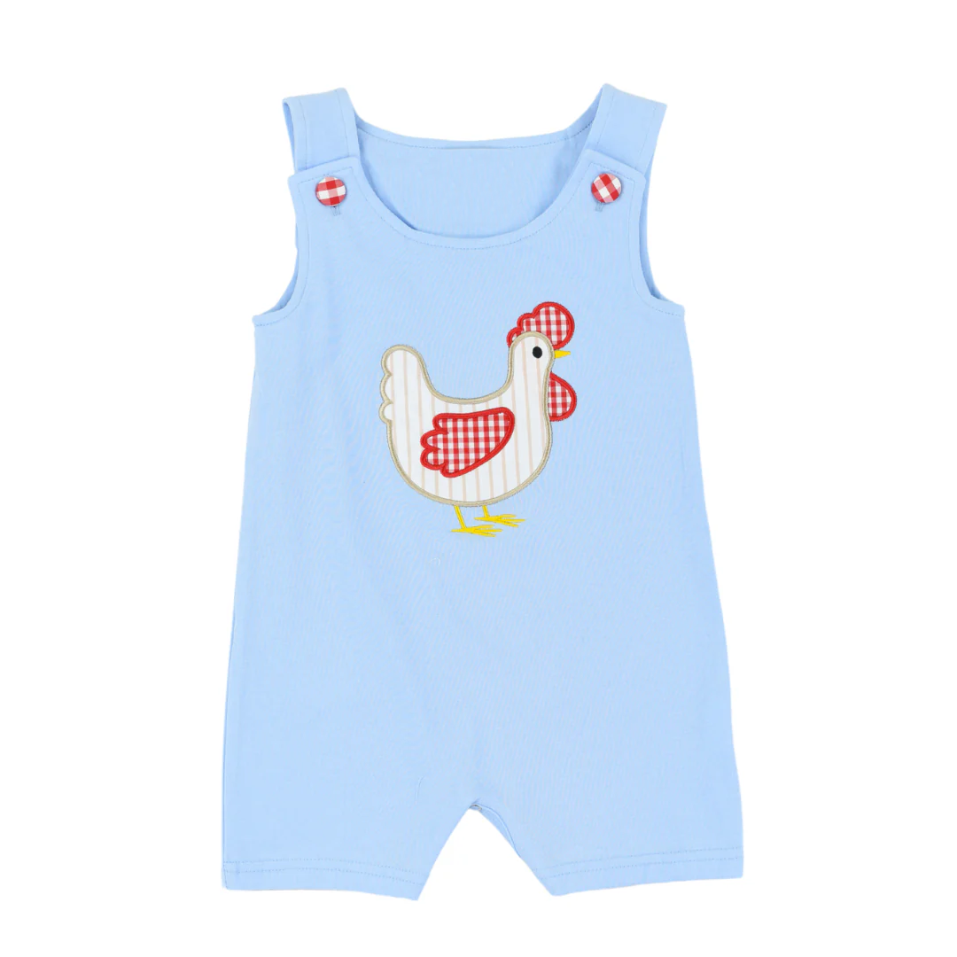 Blue sleeveless chicken baby boy romper