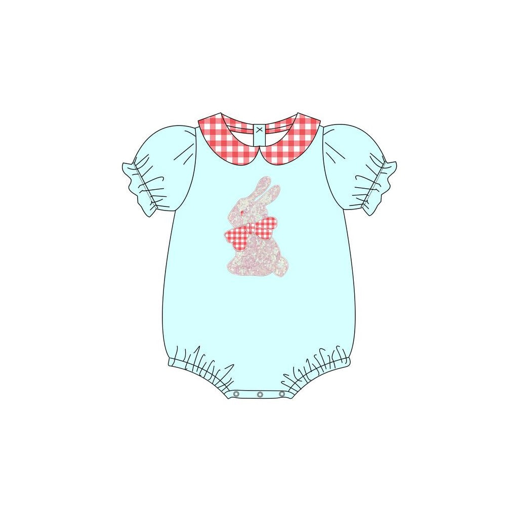 Short sleeves red plaid bunny baby girls Easter romper