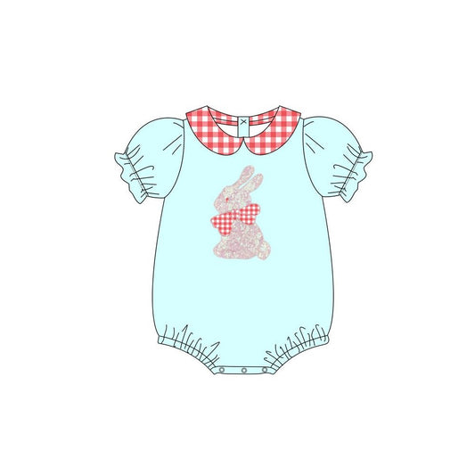 Short sleeves red plaid bunny baby girls Easter romper