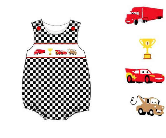 Black plaid sleeveless cars baby boy romper