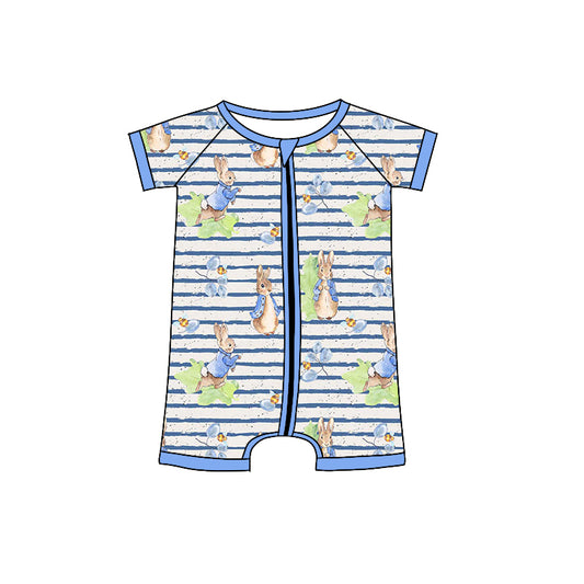 Short sleeves light blue stripe rabbit baby Easter zipper romper