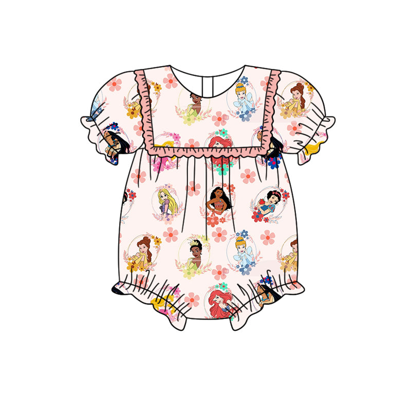 Short sleeves floral princess baby girls romper