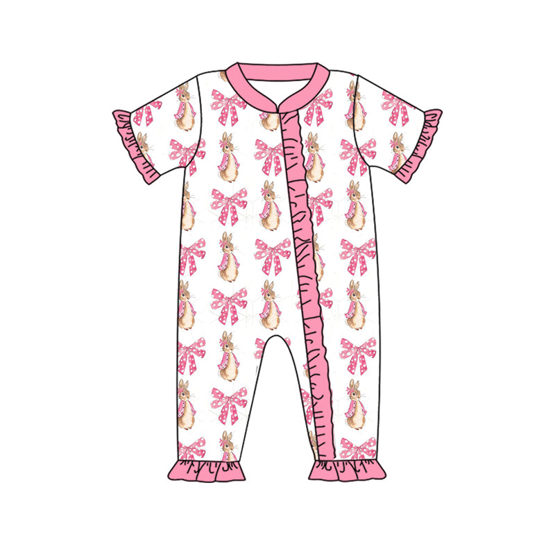 Short sleeves pink bow bunny baby girls Easter zipper romper