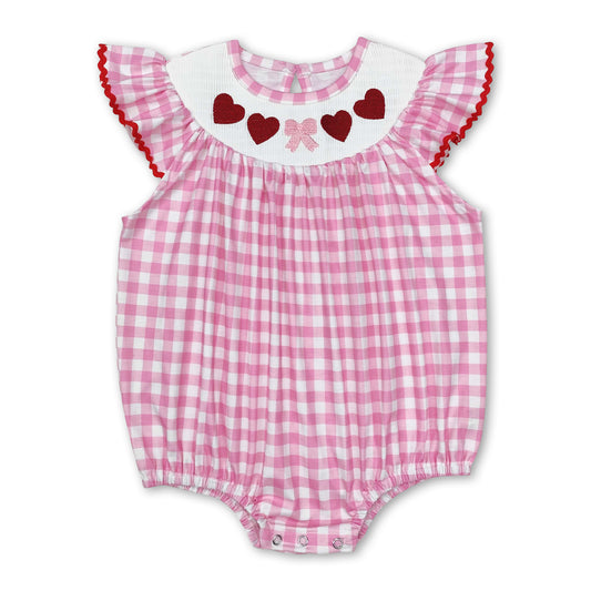 Pink plaid heart bow smocked baby girls Valentine's romper