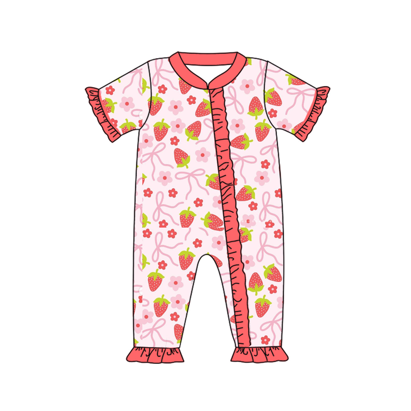 Short sleeves floral bow strawberry baby girls zipper romper