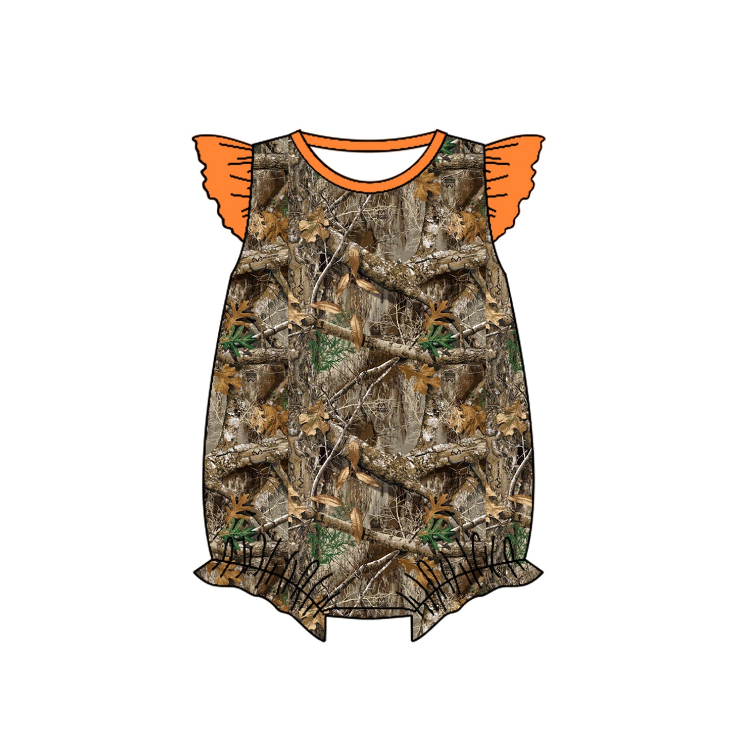 Orange flutter sleeves camo baby girls romper